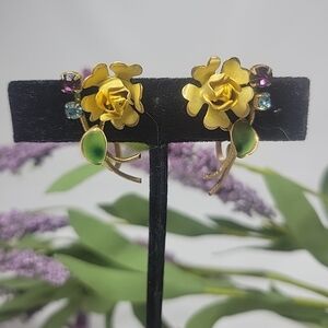 Vintage Brass and Floral Enamel Earrings Screw Back Austrian Crystals